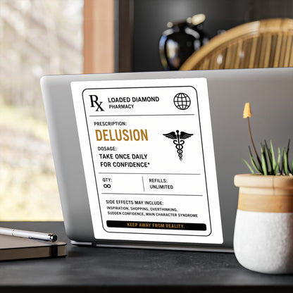 Delusion Prescription Vinyl Sticker — Pharmacy Rx Label Kiss-Cut Decal