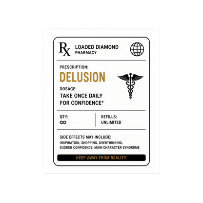 Delusion Prescription Vinyl Sticker — Pharmacy Rx Label Kiss-Cut Decal