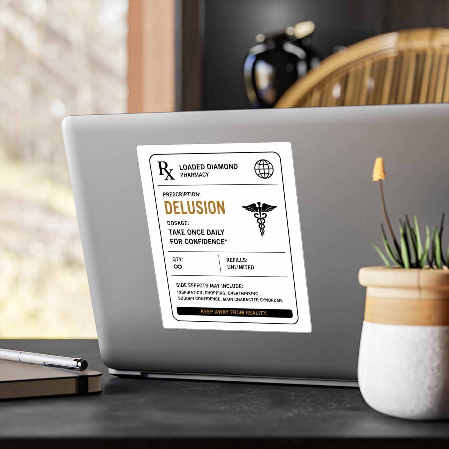 Delusion Prescription Vinyl Sticker — Pharmacy Rx Label Kiss-Cut Decal